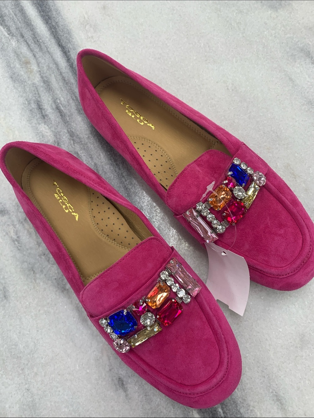 TOSCA BLU Bright Pink Suede Jeweled Loafers